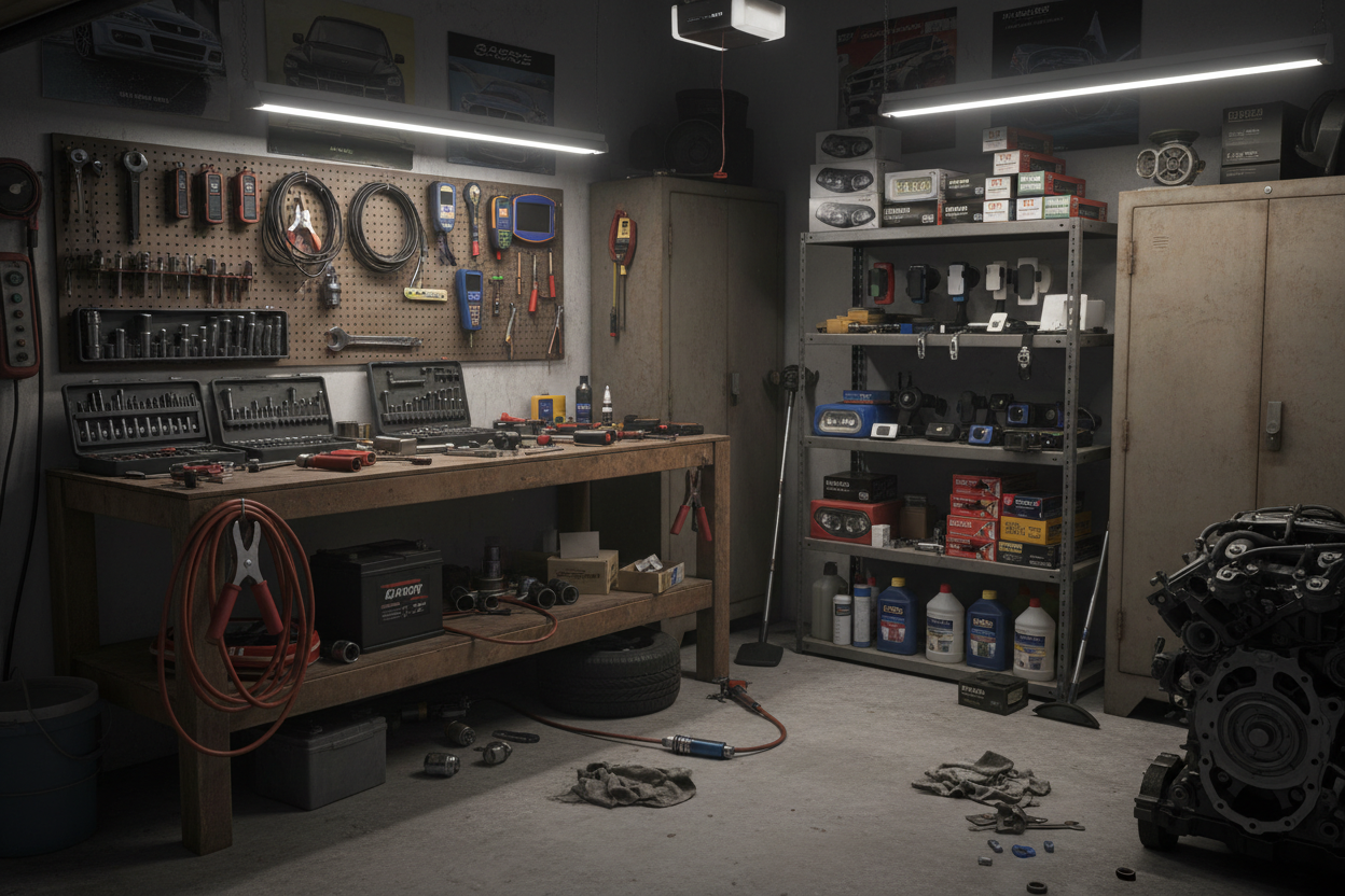 car gadgets and car parts scattered in a garage